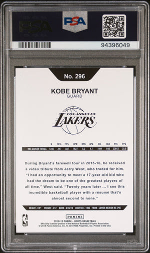 Kobe Bryant 2018 Panini Hoops Los Angeles Lakers Basketball Card #296 Graded PSA 10 Cert #94396049-Powers Sports Memorabilia