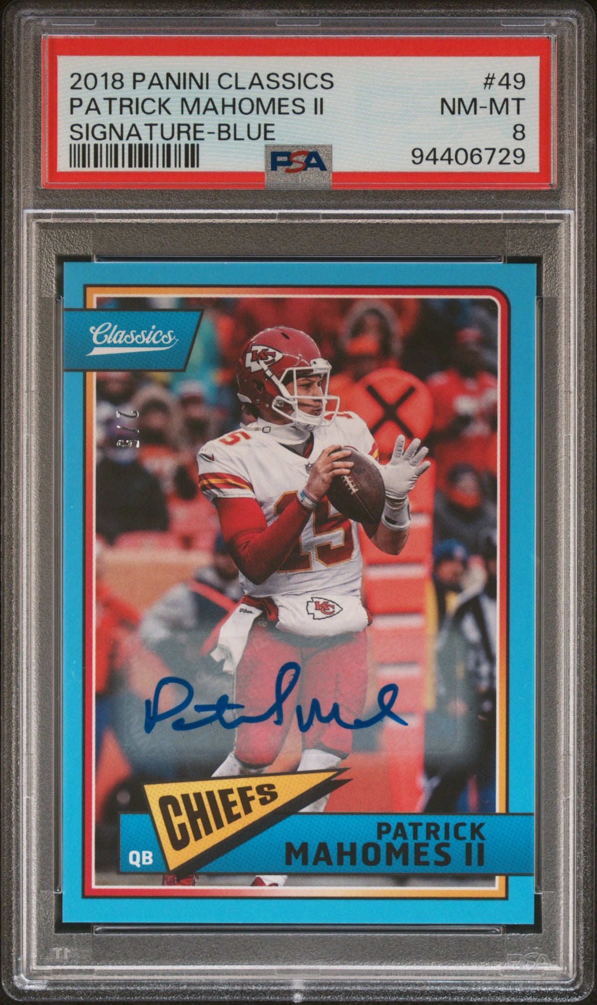 Patrick Mahomes II 2018 Panini Classics Signature Blue Autograph Signed Football Card #49 Auto Graded PSA 8 2/5 Cert #94406729-Powers Sports Memorabilia