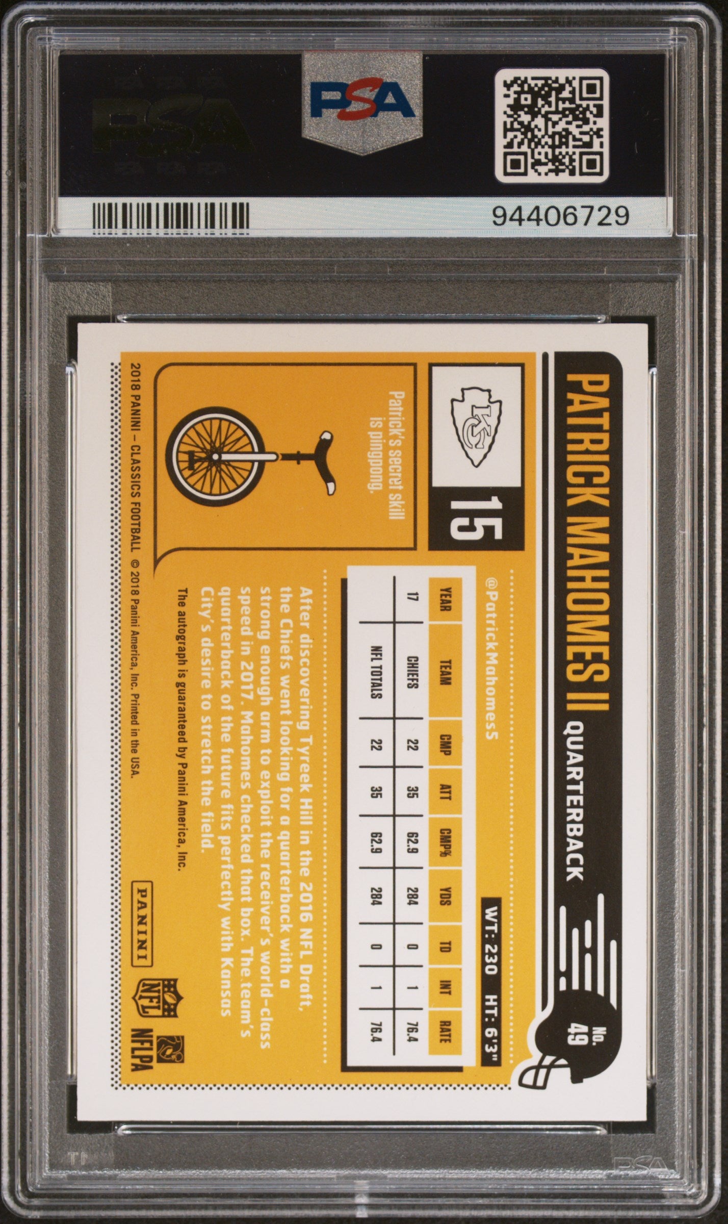 Patrick Mahomes II 2018 Panini Classics Signature Blue Autograph Signed Football Card #49 Auto Graded PSA 8 2/5 Cert #94406729-Powers Sports Memorabilia