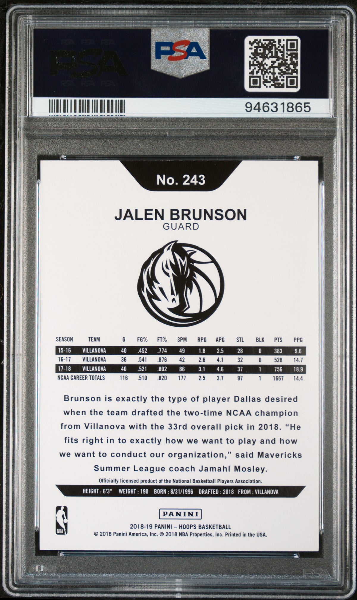 Jalen Brunson 2018 Panini Hoops Dallas Mavericks Basketball RC Rookie Card #243 Graded PSA 10 Cert #94631865-Powers Sports Memorabilia