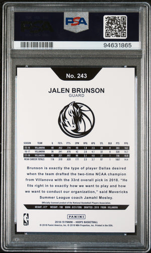 Jalen Brunson 2018 Panini Hoops Dallas Mavericks Basketball RC Rookie Card #243 Graded PSA 10 Cert #94631865-Powers Sports Memorabilia