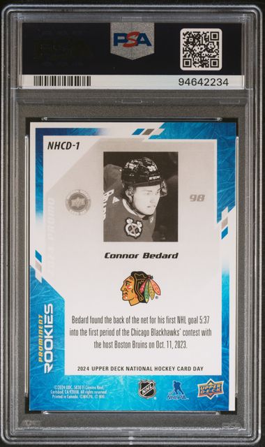 Connor Bedard 2024 Upper Deck National Hockey Day Rookie Card #NHCD1 Graded PSA 10 Cert #94642234-Powers Sports Memorabilia