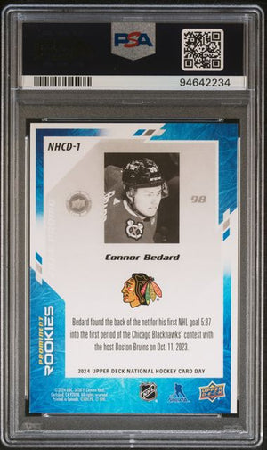 Connor Bedard 2024 Upper Deck National Hockey Day Rookie Card #NHCD1 Graded PSA 10 Cert #94642234-Powers Sports Memorabilia