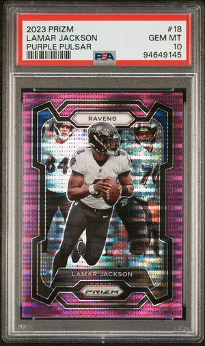 Lamar Jackson 2023 Panini Prizm Purple Pulsar Football Card #18 Graded PSA 10-Powers Sports Memorabilia