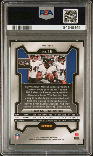 Lamar Jackson 2023 Panini Prizm Purple Pulsar Football Card #18 Graded PSA 10-Powers Sports Memorabilia