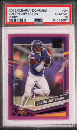 Justin Jefferson 2023 Panini Clearly Donruss Purple Football Card #34 Graded PSA 10 130/199-Powers Sports Memorabilia