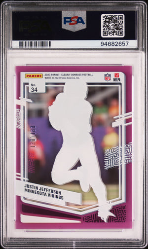 Justin Jefferson 2023 Panini Clearly Donruss Purple Football Card #34 Graded PSA 10 130/199-Powers Sports Memorabilia