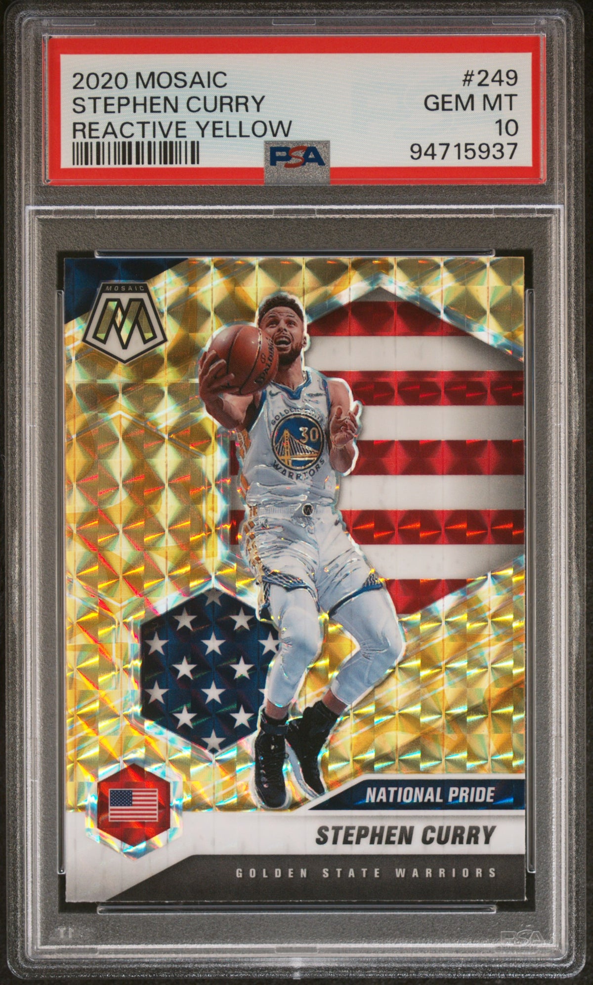Stephen Curry 2020 Panini Mosaic Reactive Yellow National Pride Golden State Warriors Basketball Card #249 Graded PSA 10 Cert #94715937-Powers Sports Memorabilia