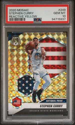 Stephen Curry 2020 Panini Mosaic Reactive Yellow National Pride Golden State Warriors Basketball Card #249 Graded PSA 10 Cert #94715937-Powers Sports Memorabilia