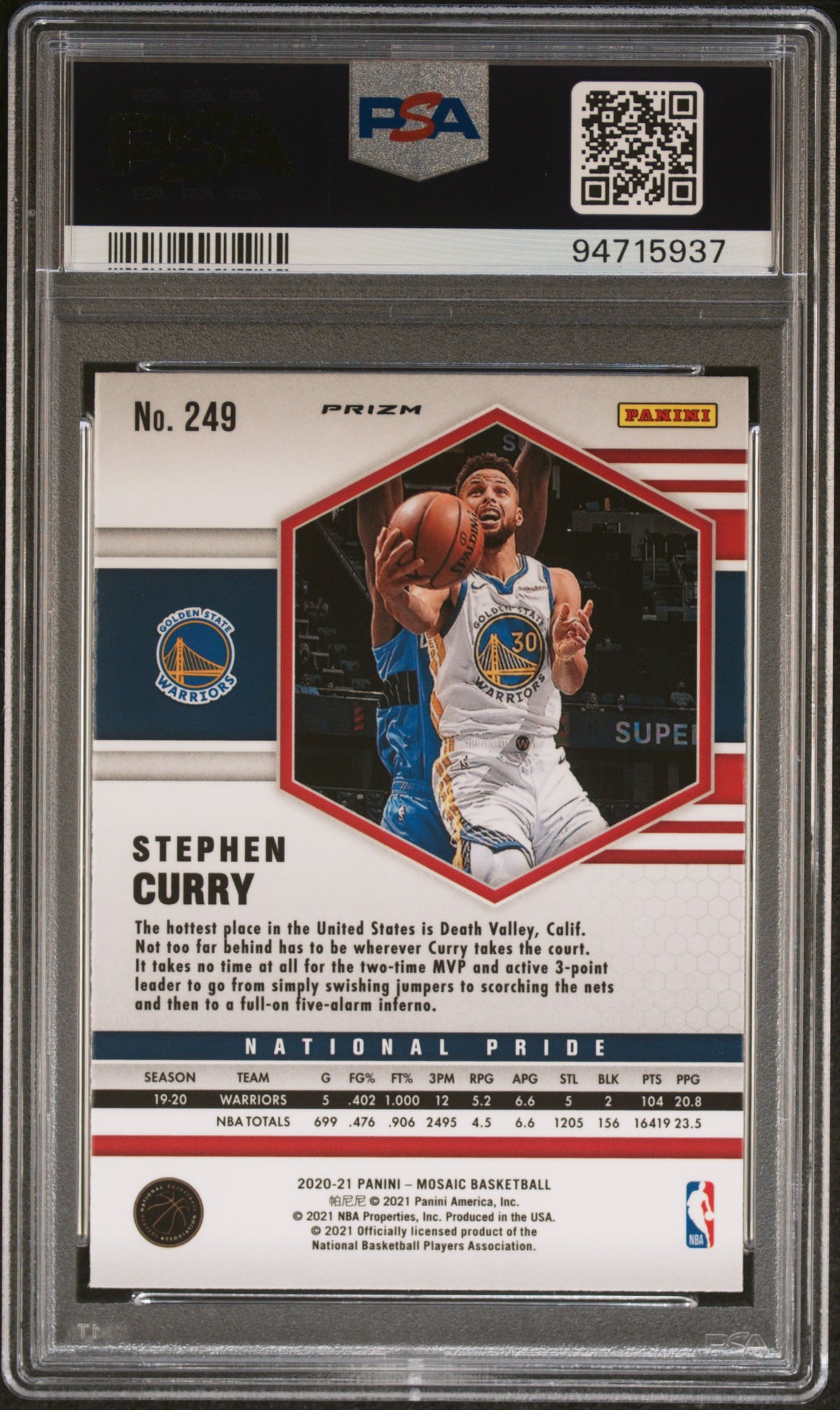 Stephen Curry 2020 Panini Mosaic Reactive Yellow National Pride Golden State Warriors Basketball Card #249 Graded PSA 10 Cert #94715937-Powers Sports Memorabilia