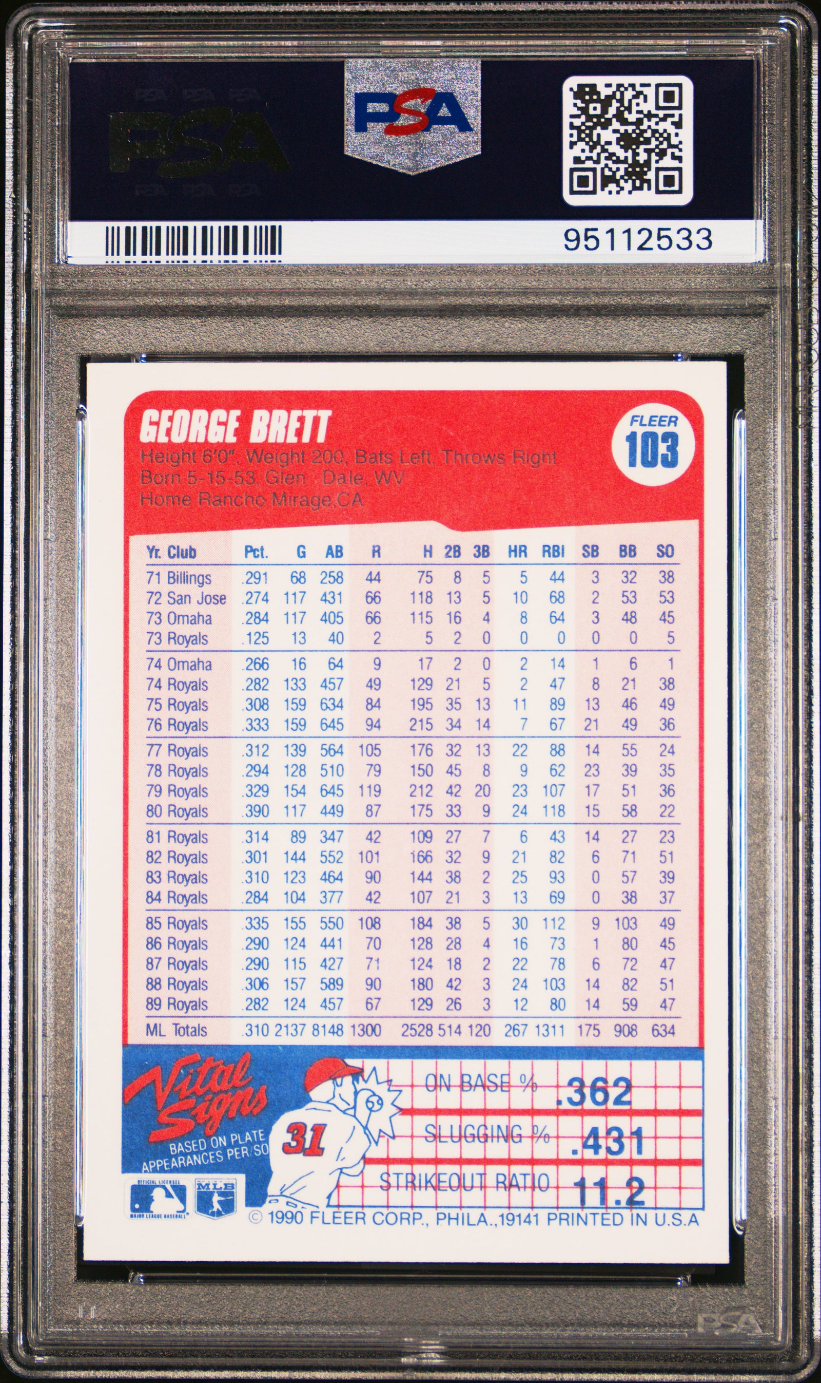 George Brett 1990 Fleer Baseball Card #103 Graded PSA 10-Powers Sports Memorabilia