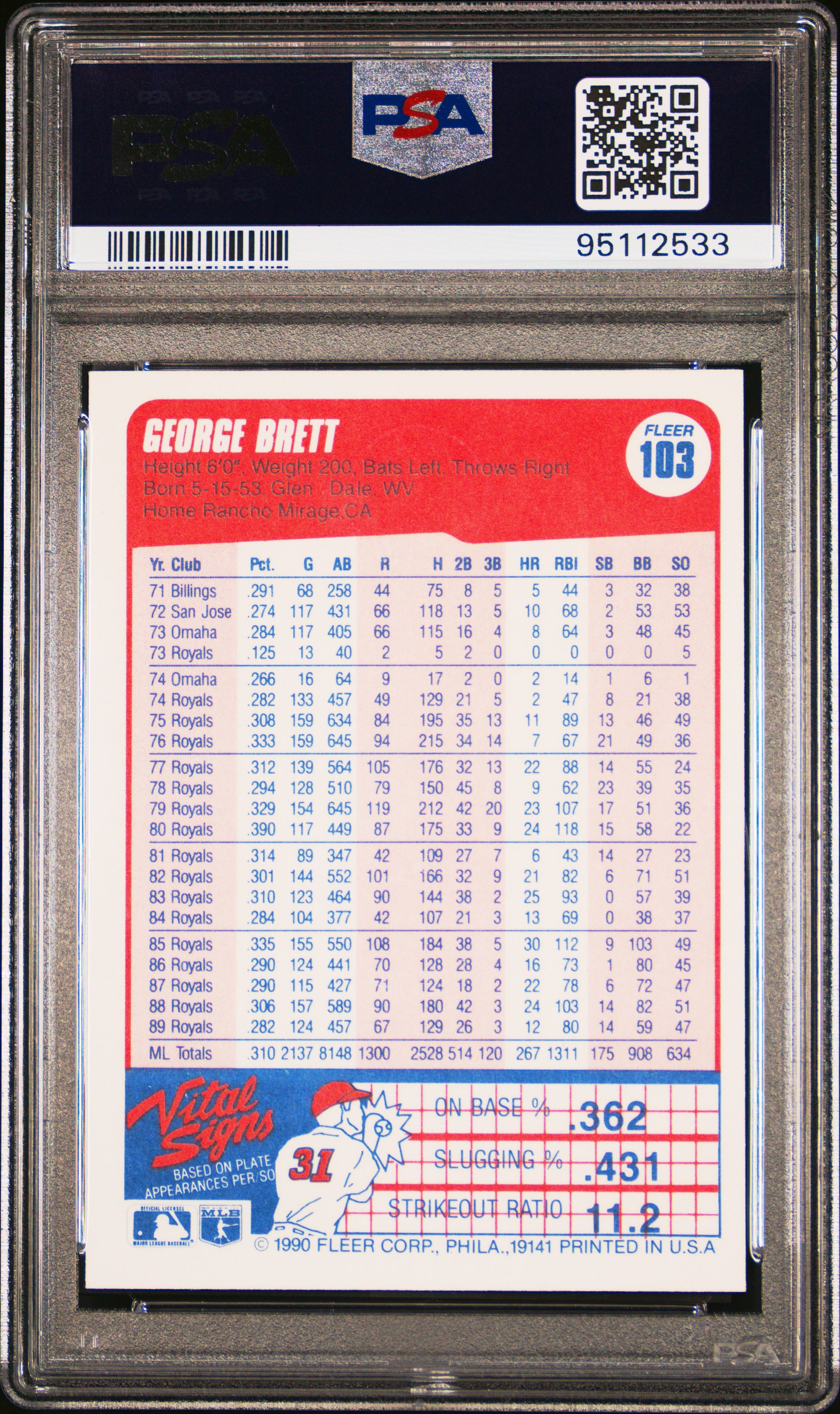 George Brett 1990 Fleer Baseball Card #103 Graded PSA 10-Powers Sports Memorabilia