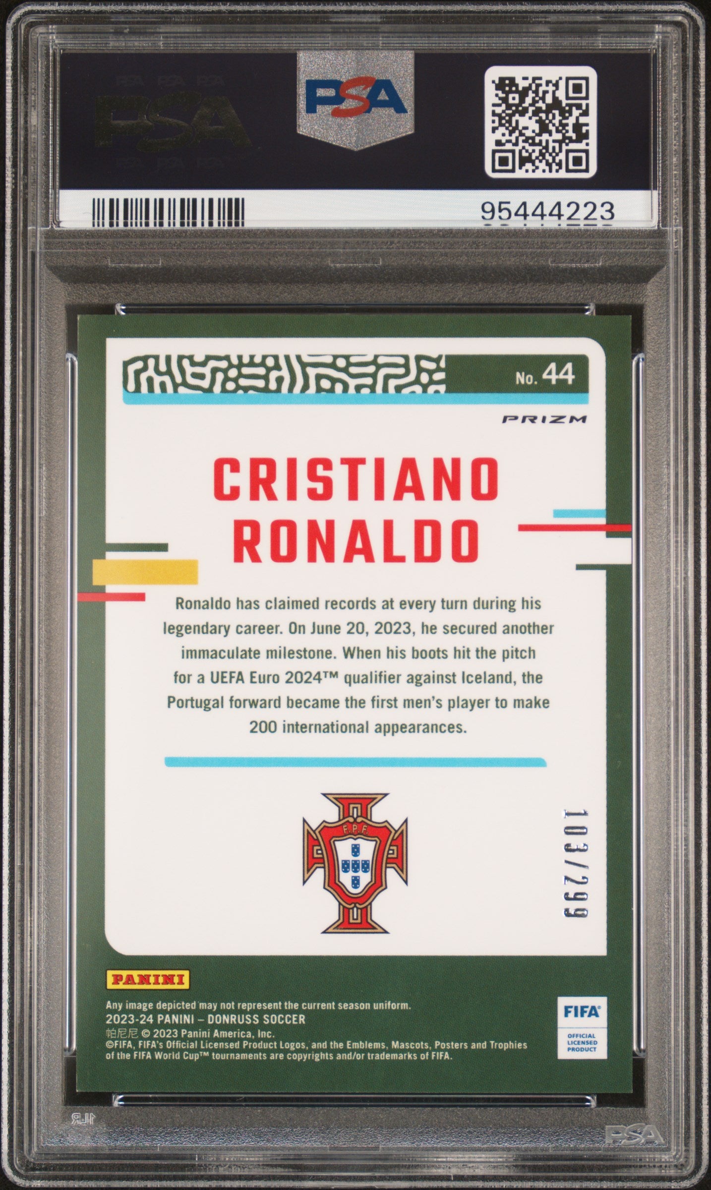Cristiano Ronaldo 2023 Panini Donruss FIFA Optic Red Soccer Card #44 Graded PSA 10 103/299 95444223-Powers Sports Memorabilia