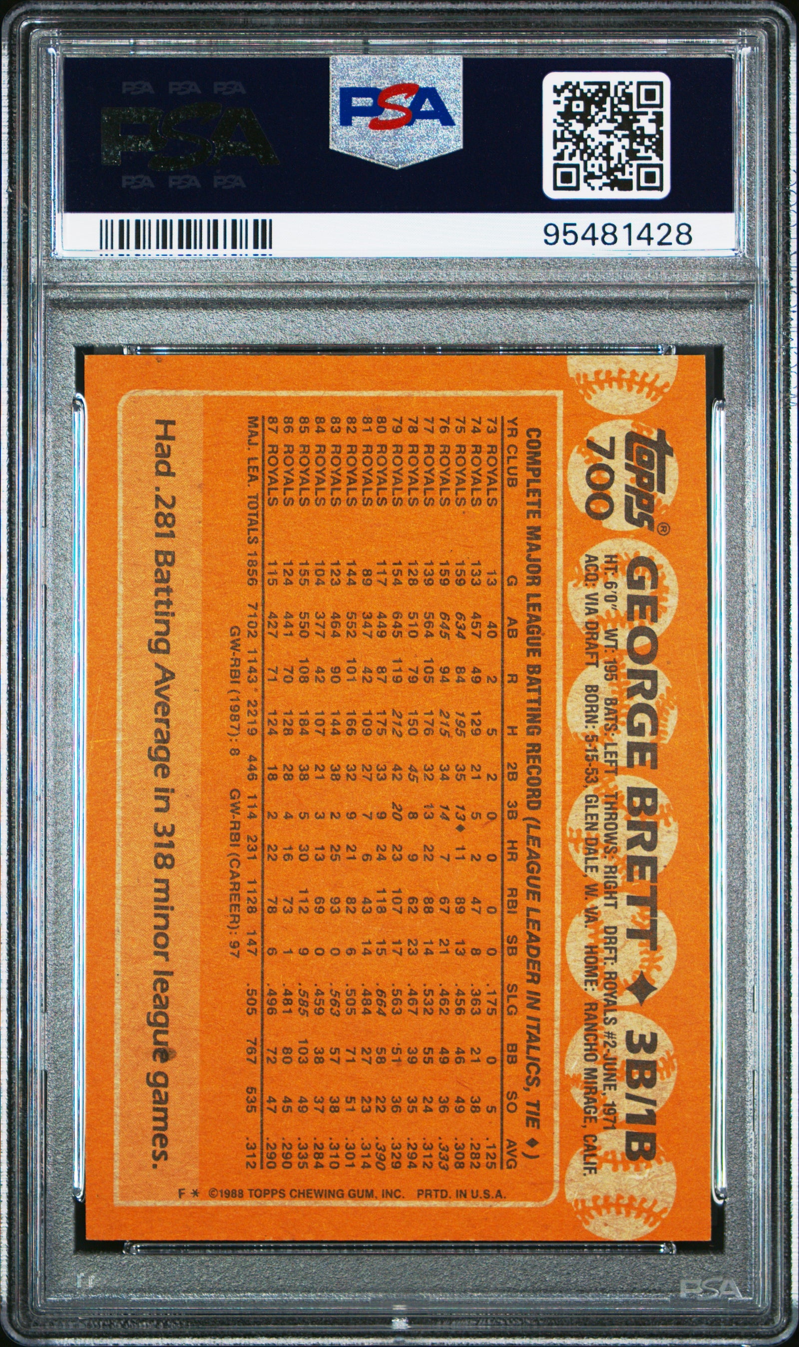 George Brett 1988 Topps Baseball Card #700 Graded PSA 10-Powers Sports Memorabilia