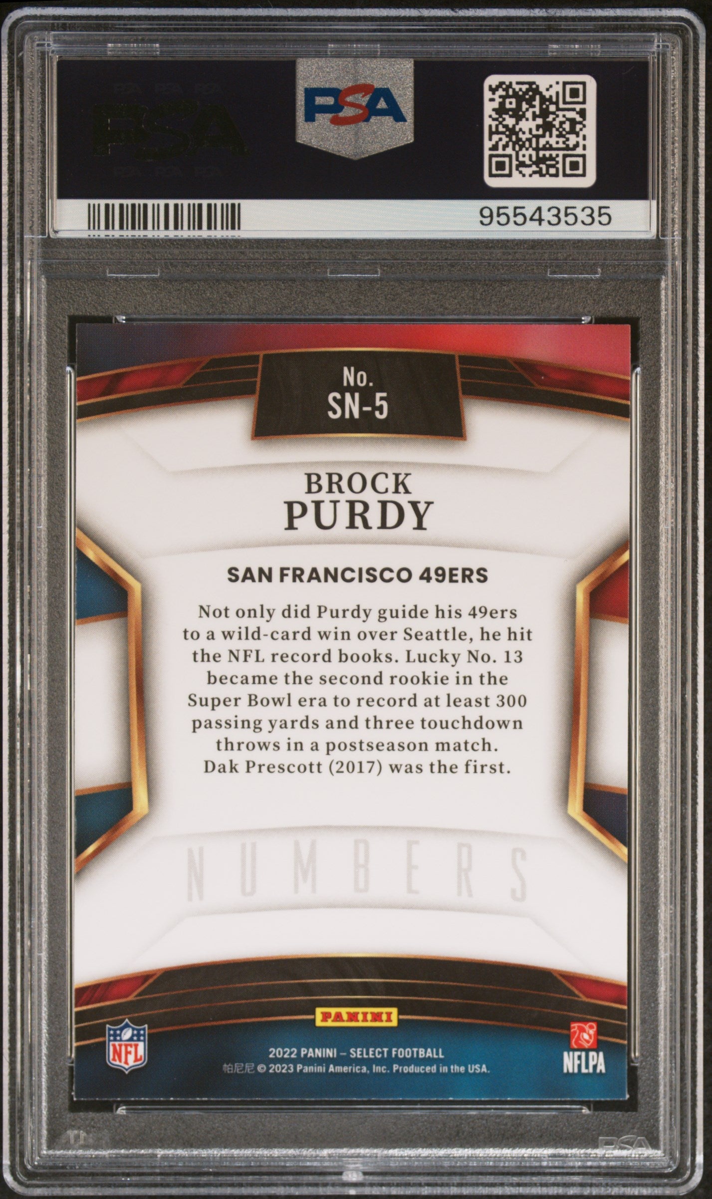 Brock Purdy 2022 Panini Select Numbers Rookie Football Card #SN5 Graded PSA 10 Cert #95543535-Powers Sports Memorabilia