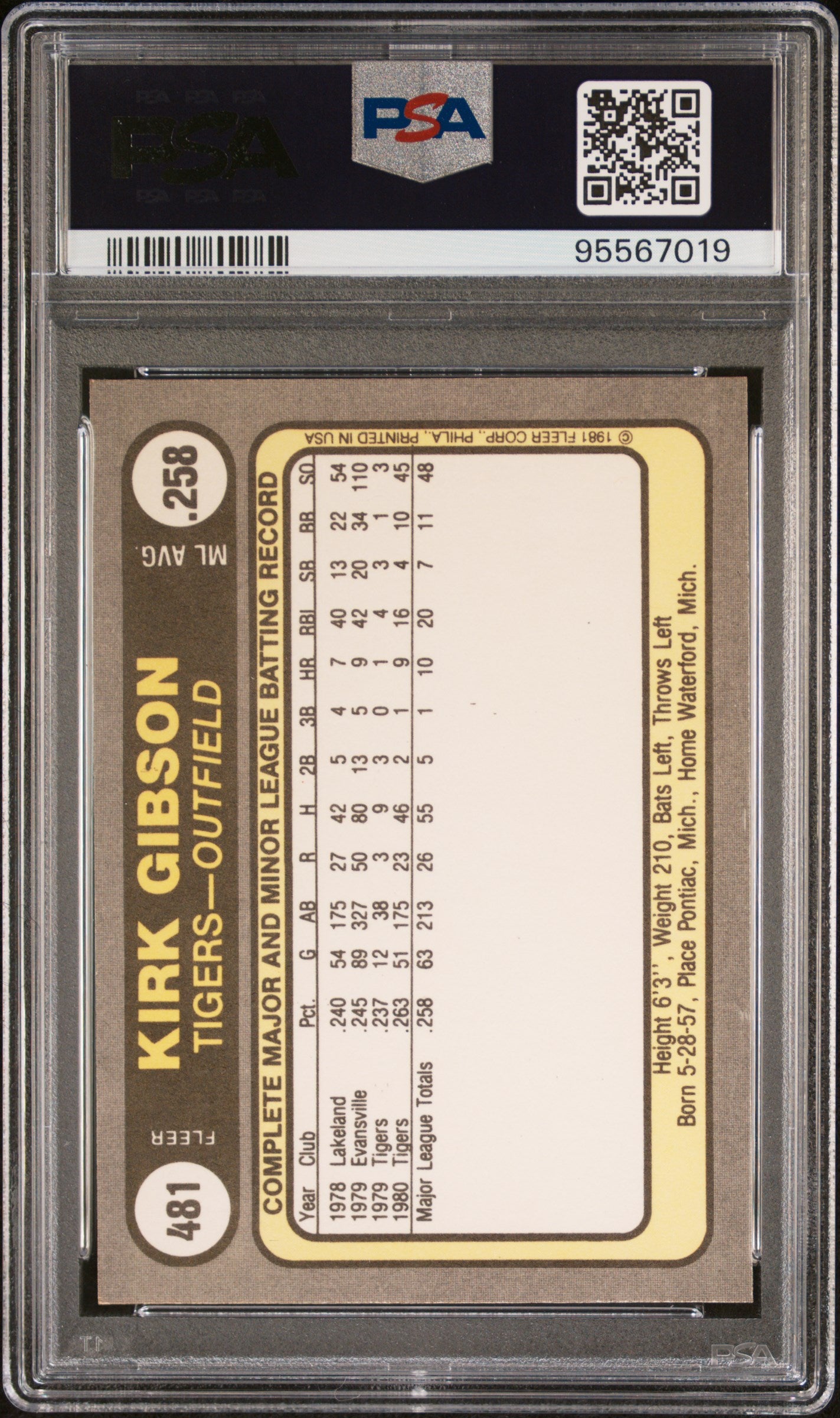 Kirk Gibson 1981 Fleer Signed Baseball Rookie Card #481 Graded PSA 9 Auto 10-Powers Sports Memorabilia