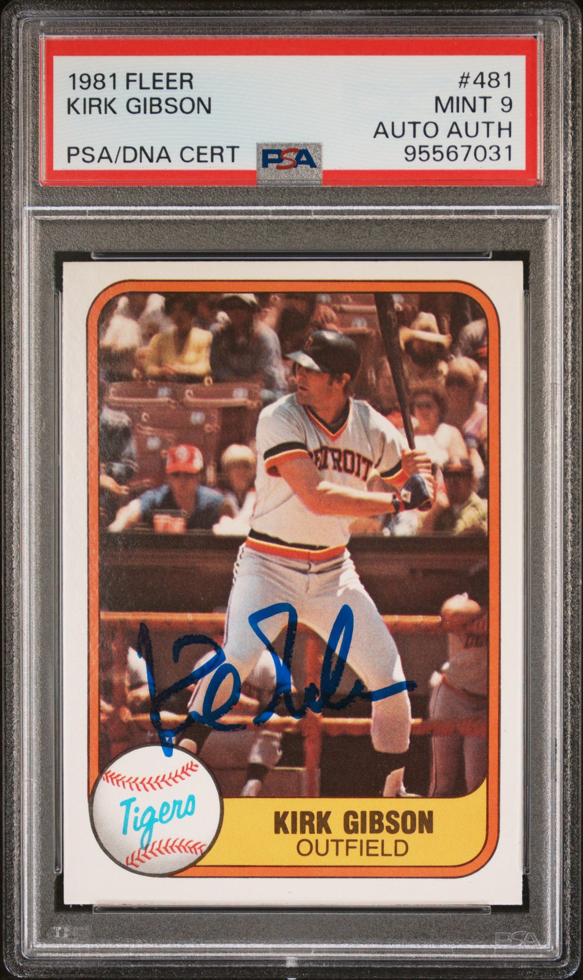 Kirk Gibson 1981 Fleer Signed Baseball Rookie Card #481 Graded PSA 9 Auto Authentic Cert # 95567031-Powers Sports Memorabilia