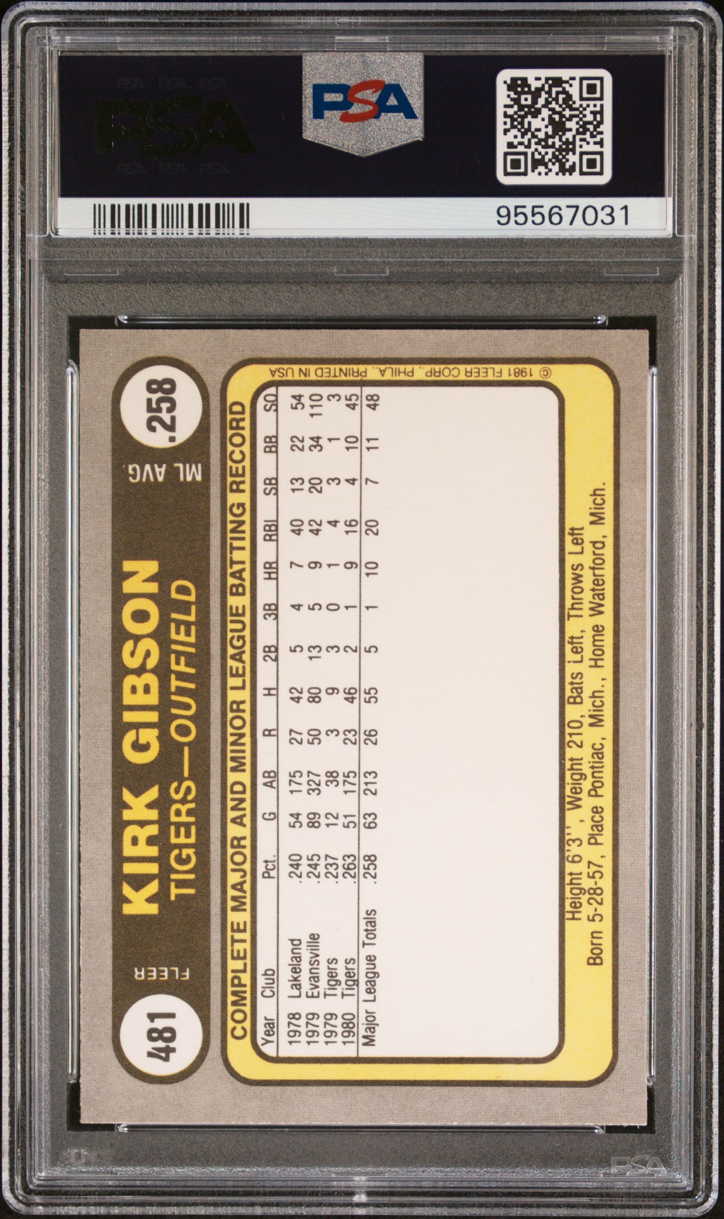 Kirk Gibson 1981 Fleer Signed Baseball Rookie Card #481 Graded PSA 9 Auto Authentic Cert # 95567031-Powers Sports Memorabilia