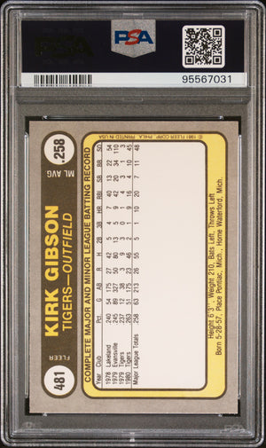 Kirk Gibson 1981 Fleer Signed Baseball Rookie Card #481 Graded PSA 9 Auto Authentic Cert # 95567031-Powers Sports Memorabilia