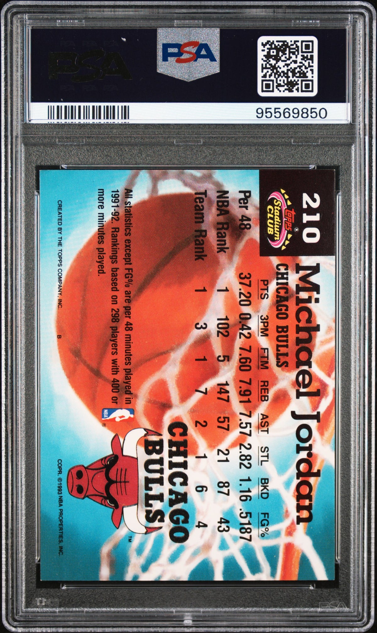 Michael Jordan 1992 Topps Stadium Club Chicago Bulls Basketball Card #210 Graded PSA 6 Cert #95569850-Powers Sports Memorabilia