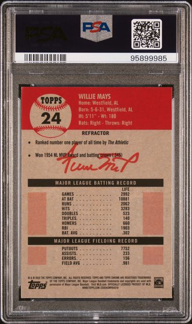 Willie Mays 2022 Topps Chrome Refractor Baseball Card #24 Graded PSA 9-Powers Sports Memorabilia