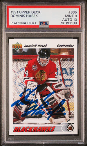 Dominik Hasek 1991 Upper Deck Signed Rookie Card #335 Graded PSA 9 Auto 10-Powers Sports Memorabilia