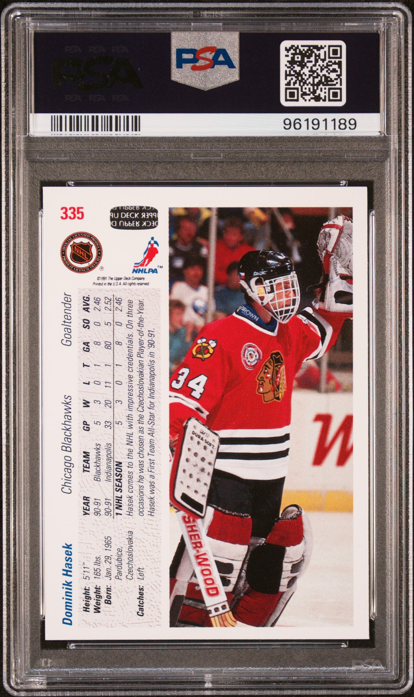 Dominik Hasek 1991 Upper Deck Signed Rookie Card #335 Graded PSA 9 Auto 10-Powers Sports Memorabilia
