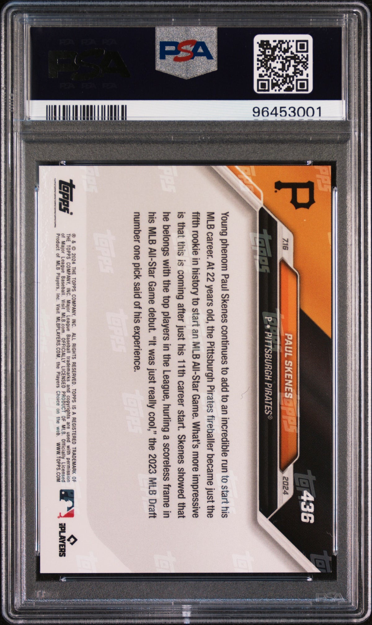 Paul Skenes 2024 Topps Now 1st All Star Game Pittsburgh Pirates Baseball Rookie Card #436 Graded PSA 9 Cert #96453001-Powers Sports Memorabilia
