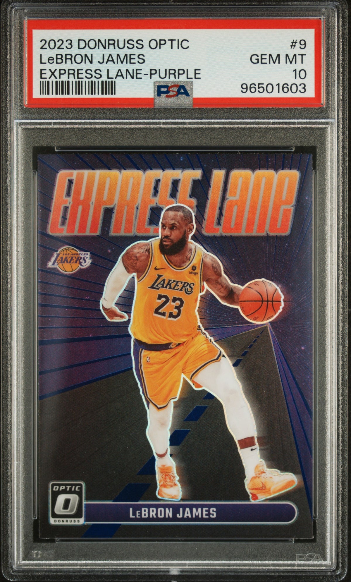 LeBron James 2023 Donruss Optic Express Lane Purple Basketball Card #9 Graded PSA 10 Cert #96501603-Powers Sports Memorabilia