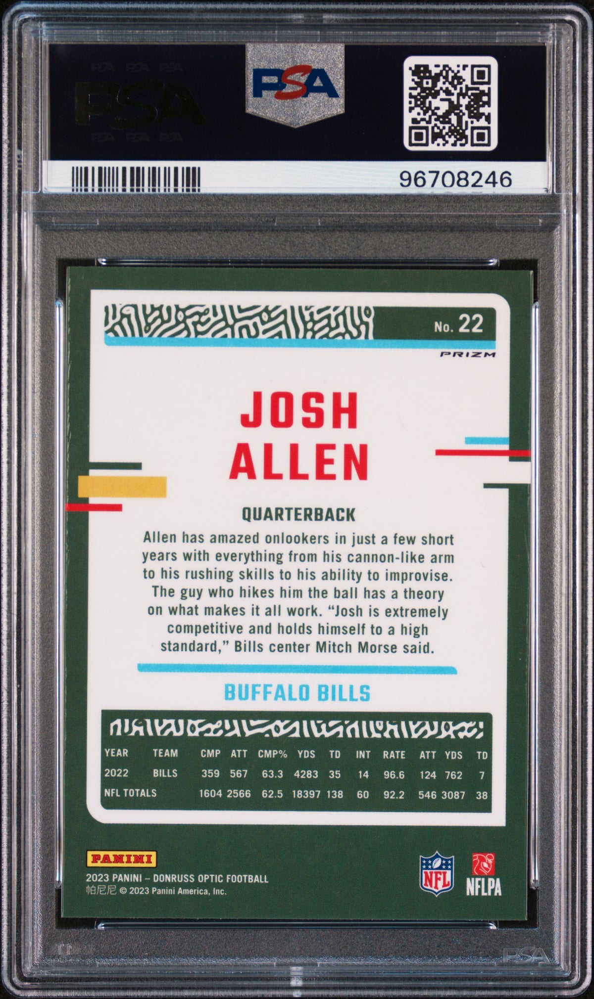 Josh Allen 2023 Donruss Optic Holo Bills Card #22 PSA 10