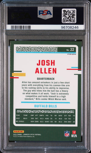 Josh Allen 2023 Donruss Optic Holo Bills Card #22 PSA 10
