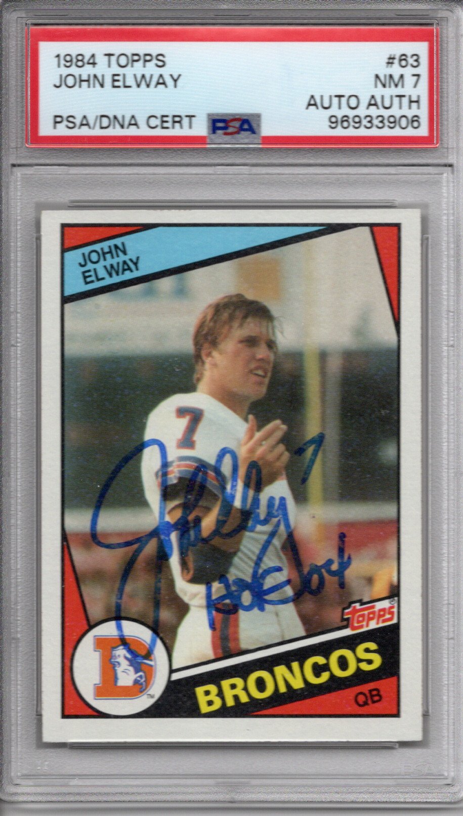John Elway Signed Denver Broncos 1984 Topps Rookie Card #63 PSA Graded NM 7 AUTO AUTH-Powers Sports Memorabilia