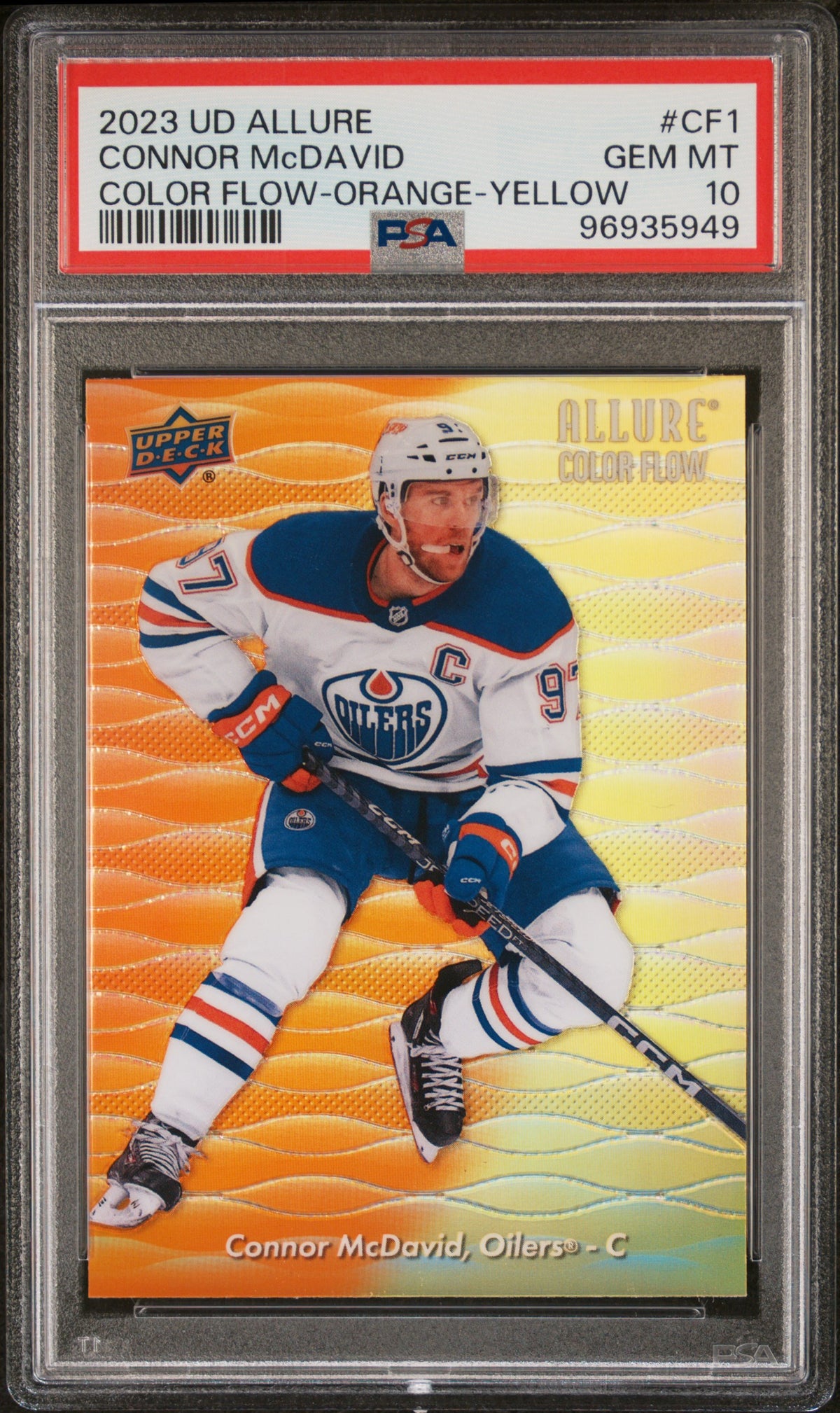 Connor McDavid 2023 Upper Deck Allure Color Flow Orange Yellow Hockey Card #CF1 Graded PSA 10 Cert #96935949-Powers Sports Memorabilia