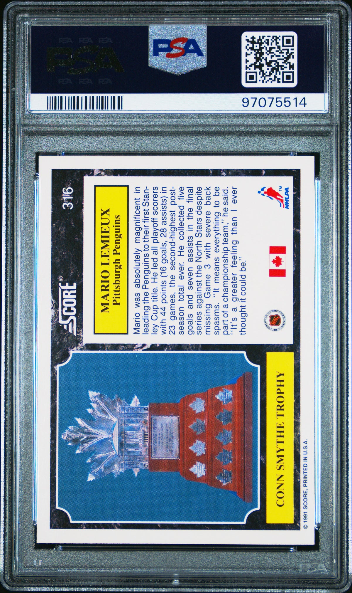 Mario Lemieux 1991 Score Canadian English Hockey Card #316 Graded PSA 10 Cert #97075514-Powers Sports Memorabilia