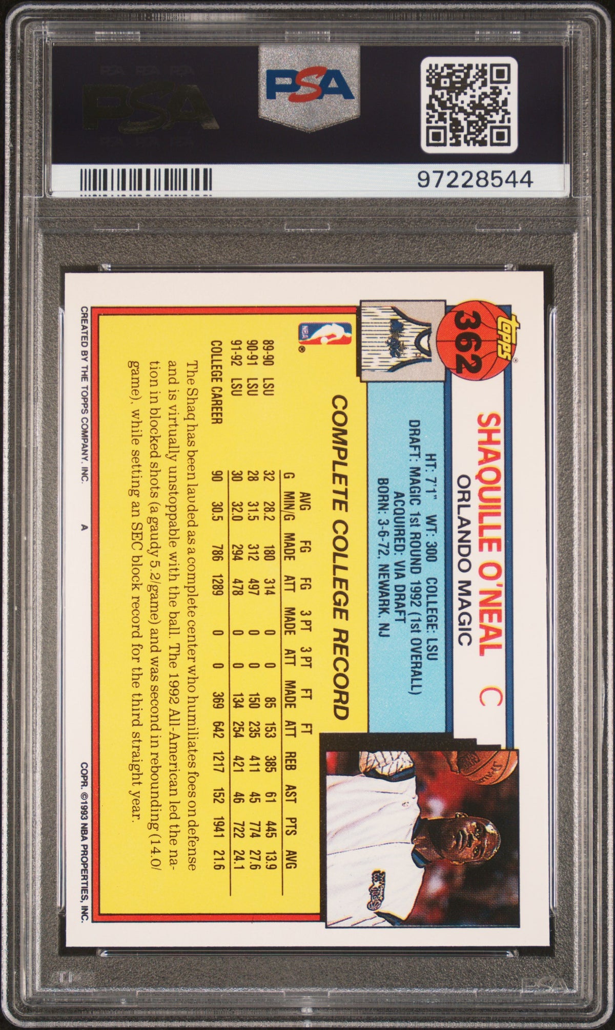 Shaquille O'Neal 1992 Topps Basketball Rookie Card #362 Graded PSA 8 Cert #97228544-Powers Sports Memorabilia