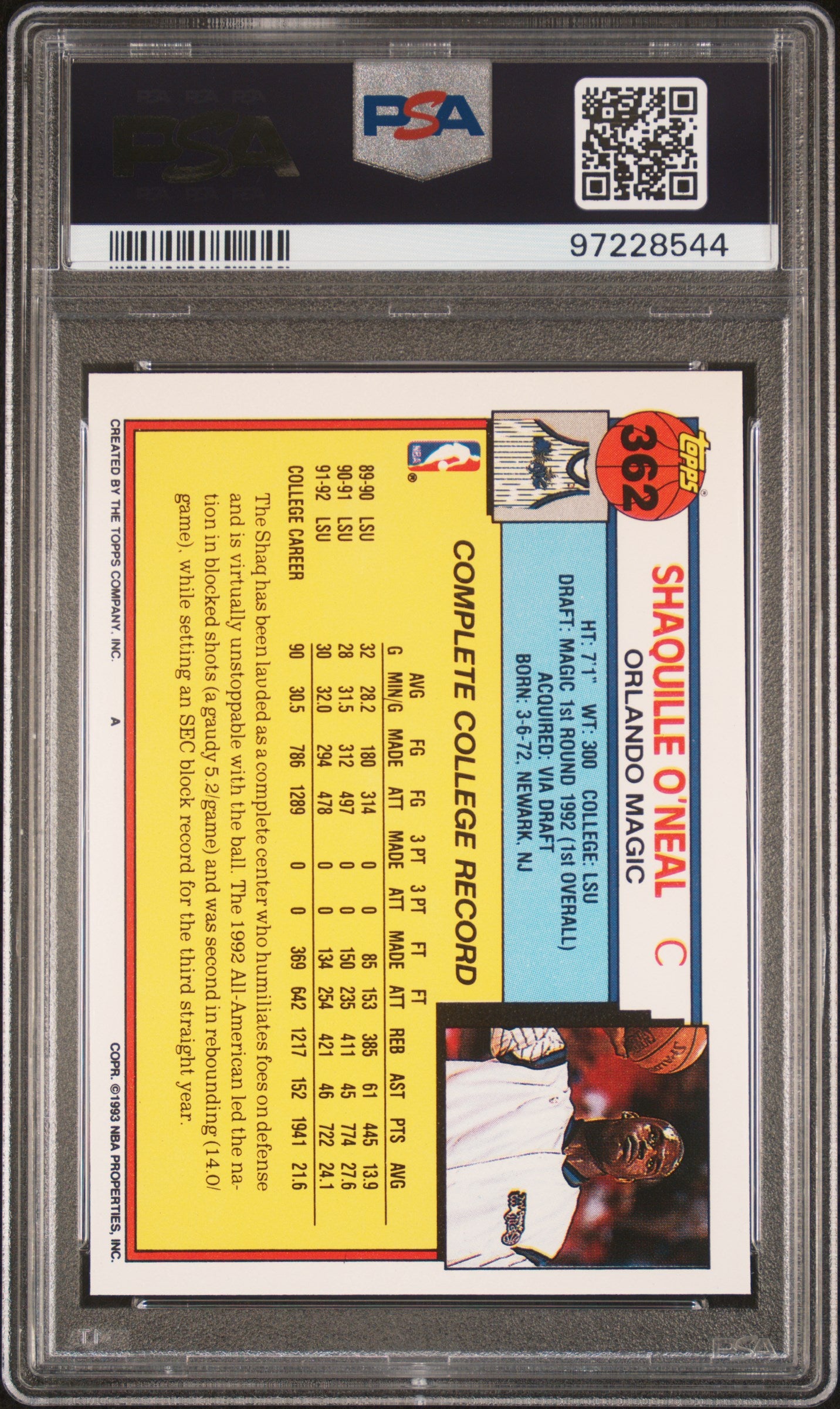 Shaquille O'Neal 1992 Topps Basketball Rookie Card #362 Graded PSA 8 Cert #97228544-Powers Sports Memorabilia