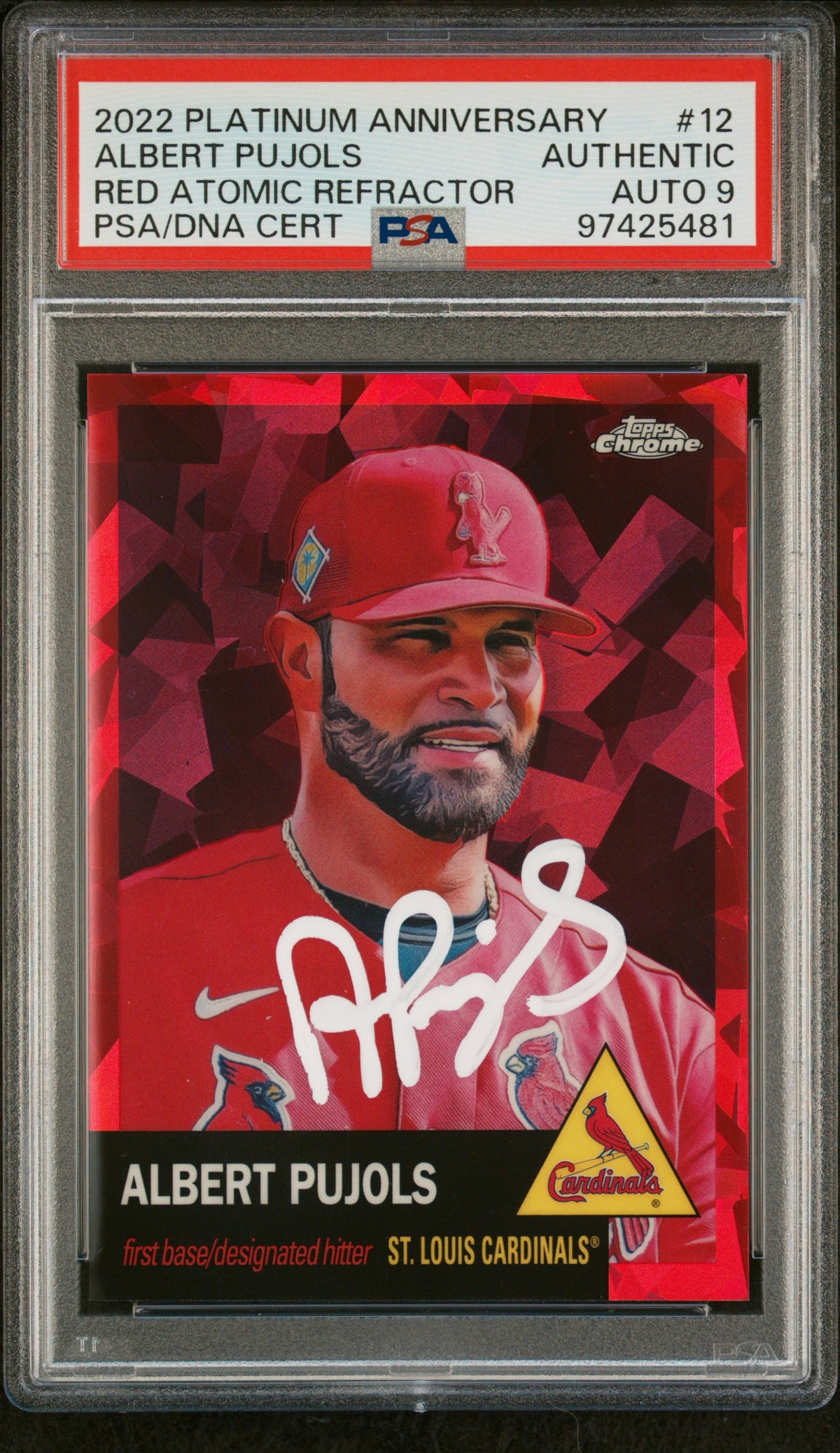 Albert Pujols 2022 Topps Chrome Red Atomic Refractor Card #12 Auto PSA 9 56/100-Powers Sports Memorabilia