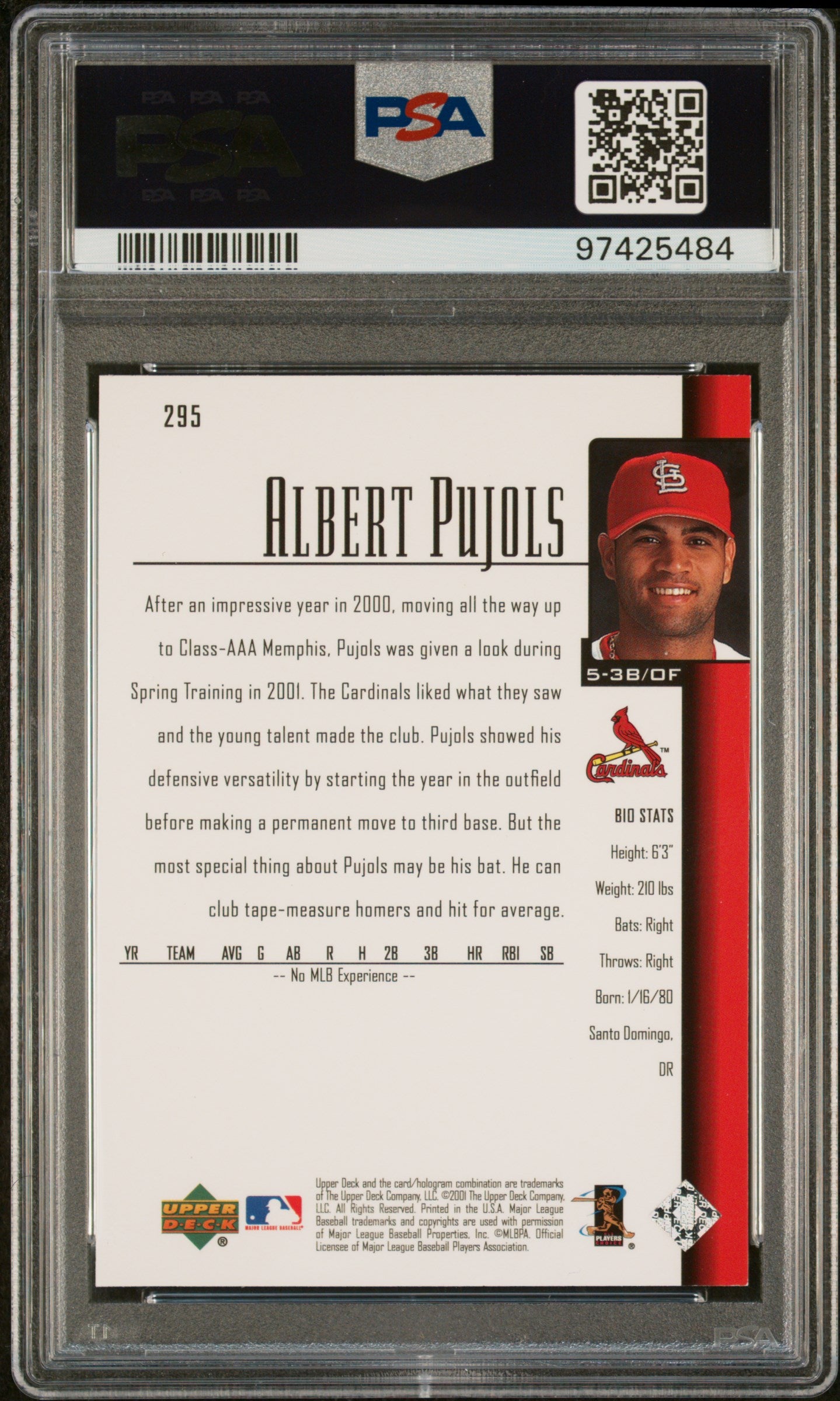 Albert Pujols 2001 Upper Deck Signed Baseball Rookie Card #295 Auto PSA 10-Powers Sports Memorabilia