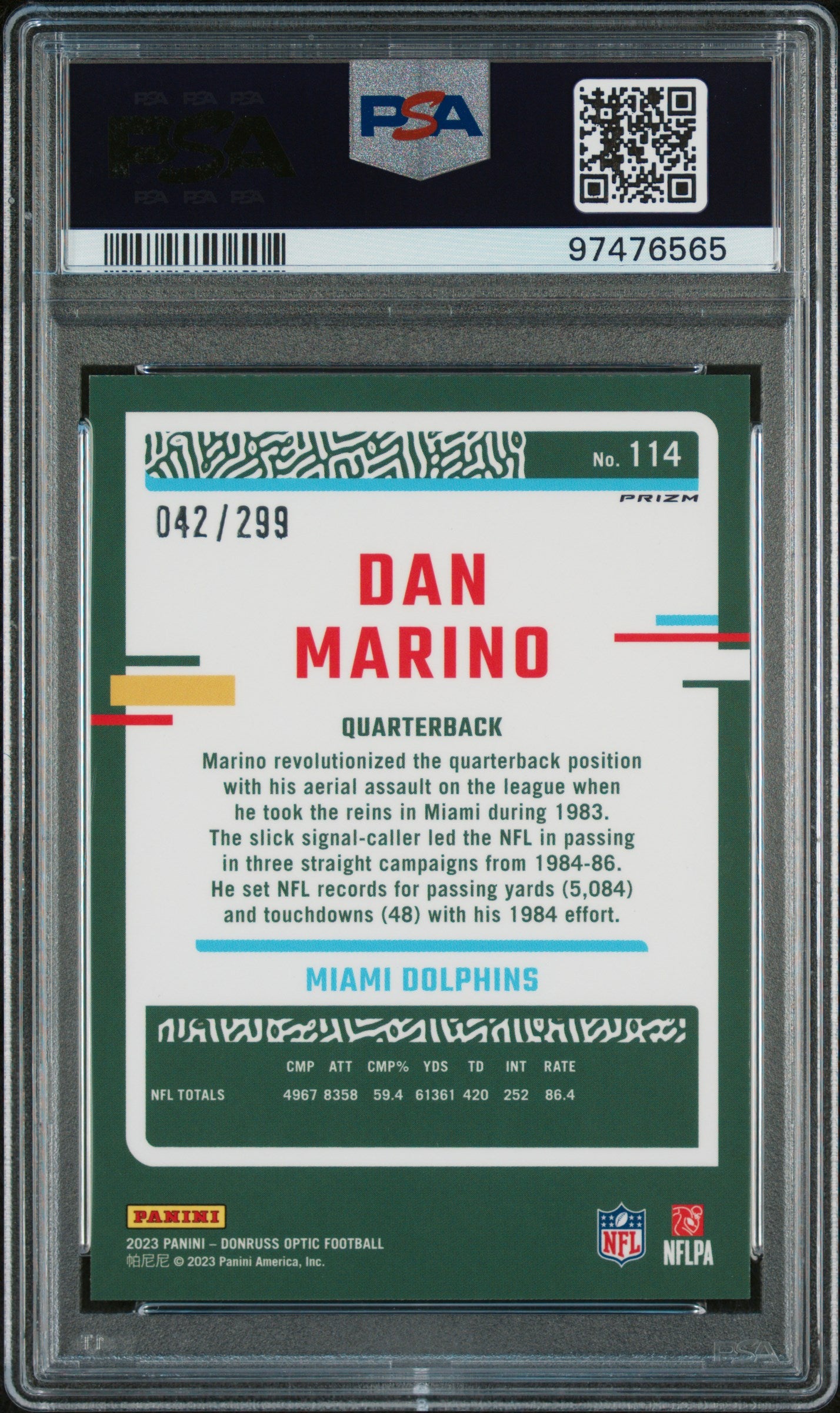 Dan Marino 2023 Donruss Optic Aqua Football Card #114 Graded PSA 10 42/299-Powers Sports Memorabilia