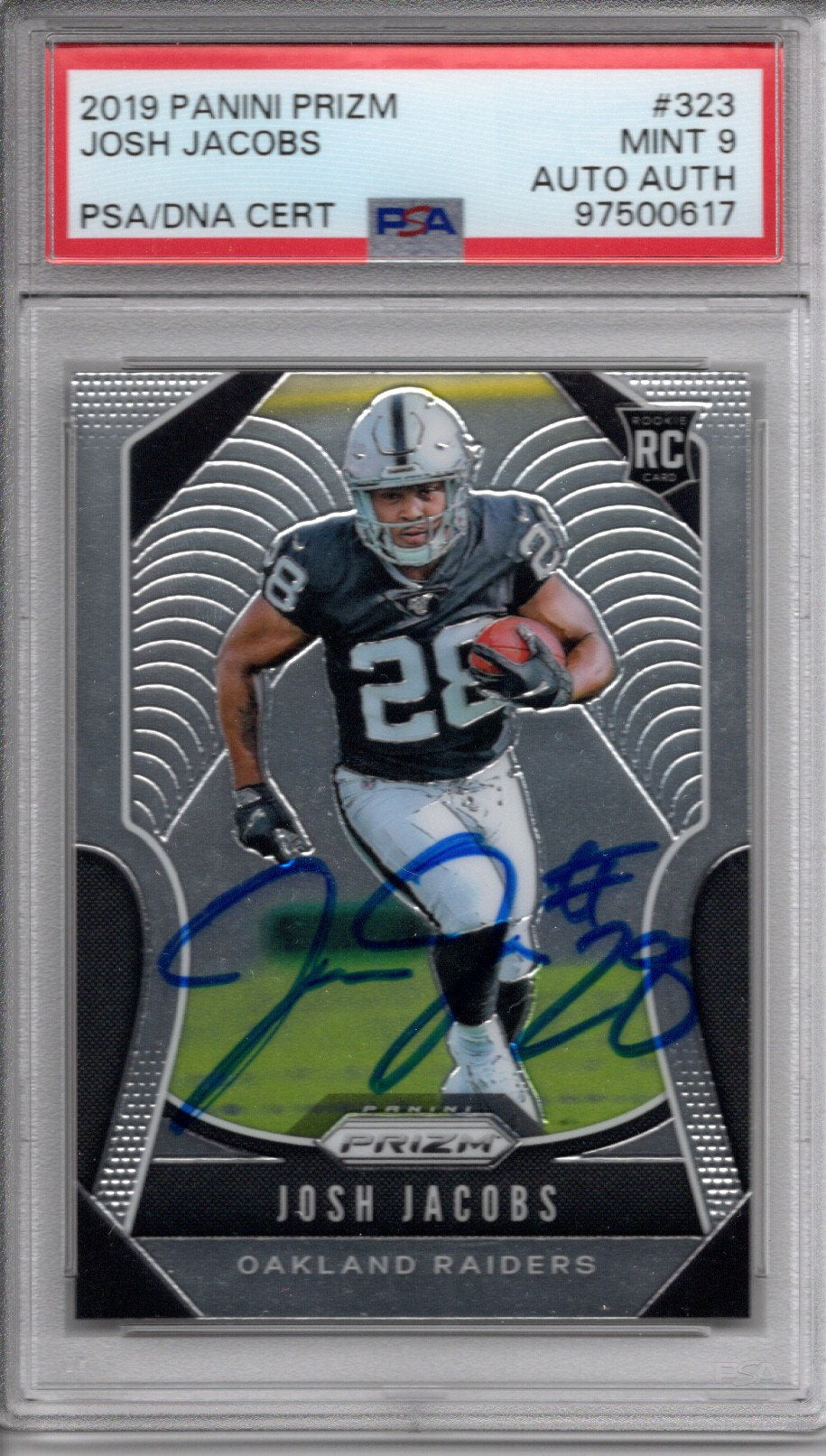 Josh Jacobs Signed Las Vegas Raiders 2019 Panini Prizm Rookie Card #323 PSA Graded MINT 9 AUTO AUTH-Powers Sports Memorabilia