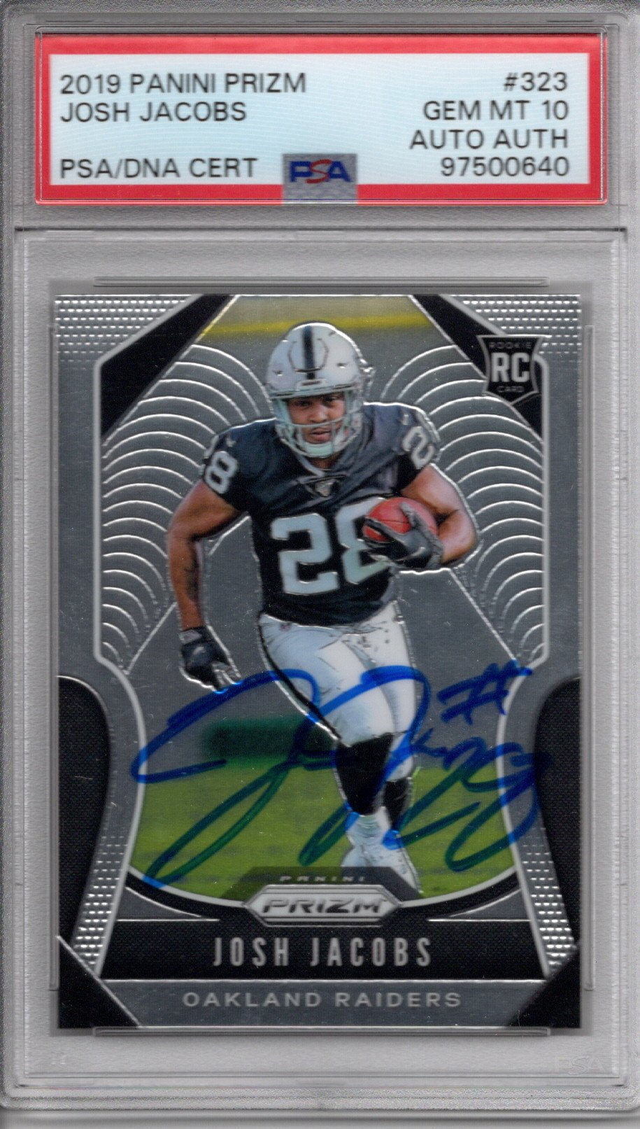 Josh Jacobs Signed Las Vegas Raiders 2019 Panini Prizm Rookie Card #323 PSA Graded GEM MT 10 AUTO AUTH-Powers Sports Memorabilia