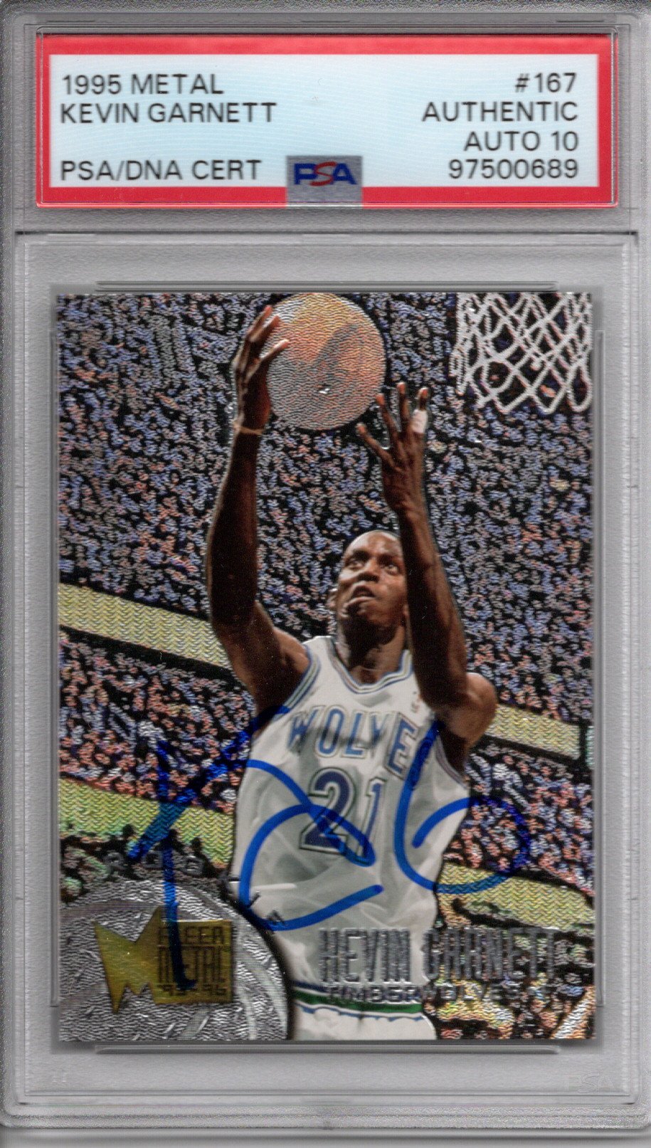 Kevin Garnett Signed Minnesota Timberwolves 1995 Fleer Metal Rookie Card #167 PSA Encapsulated 97500689-Powers Sports Memorabilia