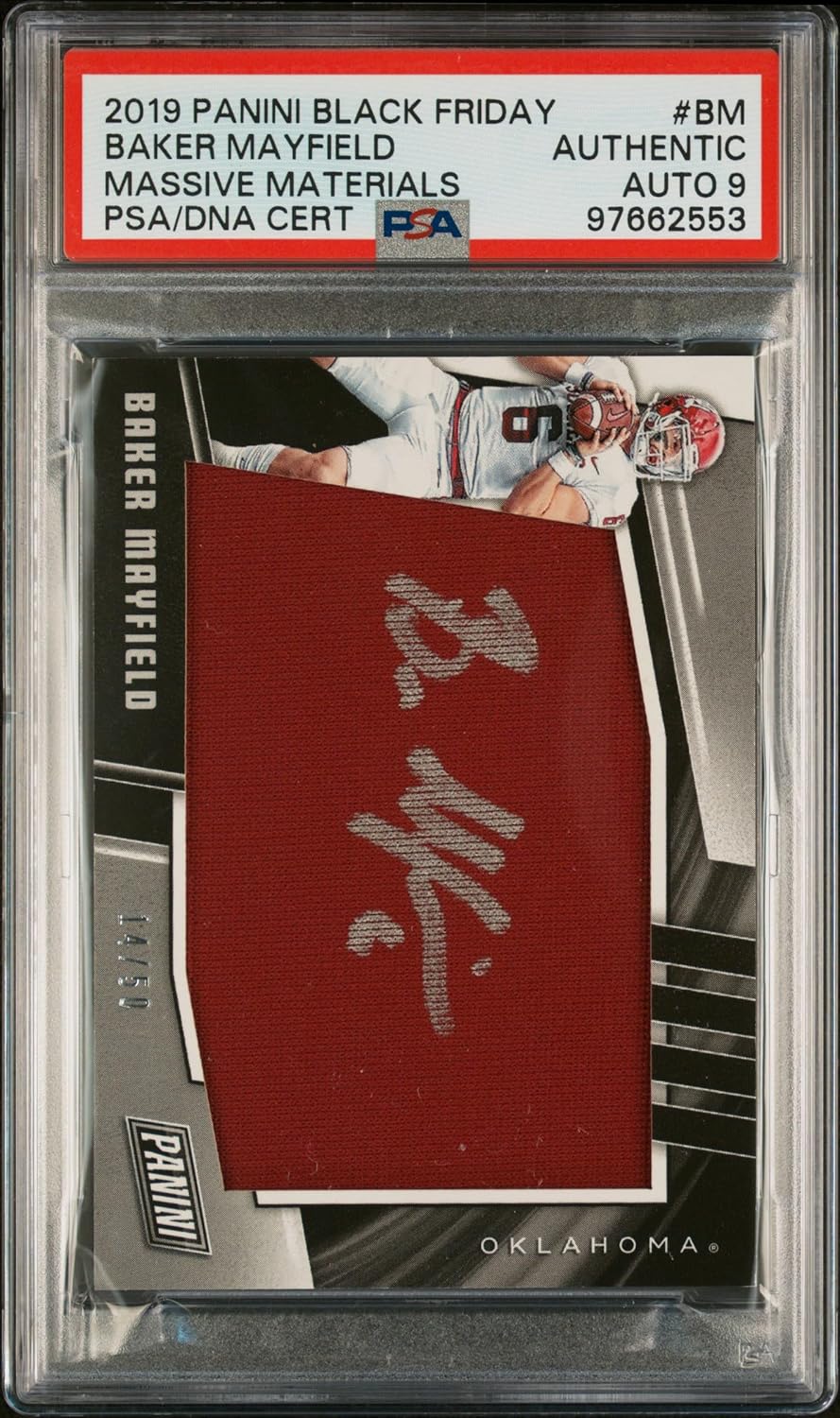 Baker Mayfield 2019 Panini Black Friday Massive Materials Signed Football Card Graded PSA Authentic Auto 9 14/50 Cert #97662553-Powers Sports Memorabilia