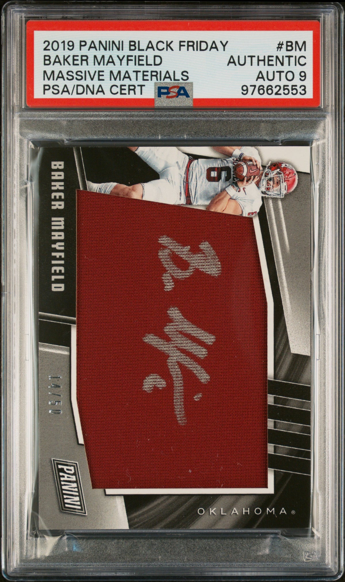 Baker Mayfield 2019 Panini Game Used Patch Card #BM Auto Graded PSA 9 14/51-Powers Sports Memorabilia