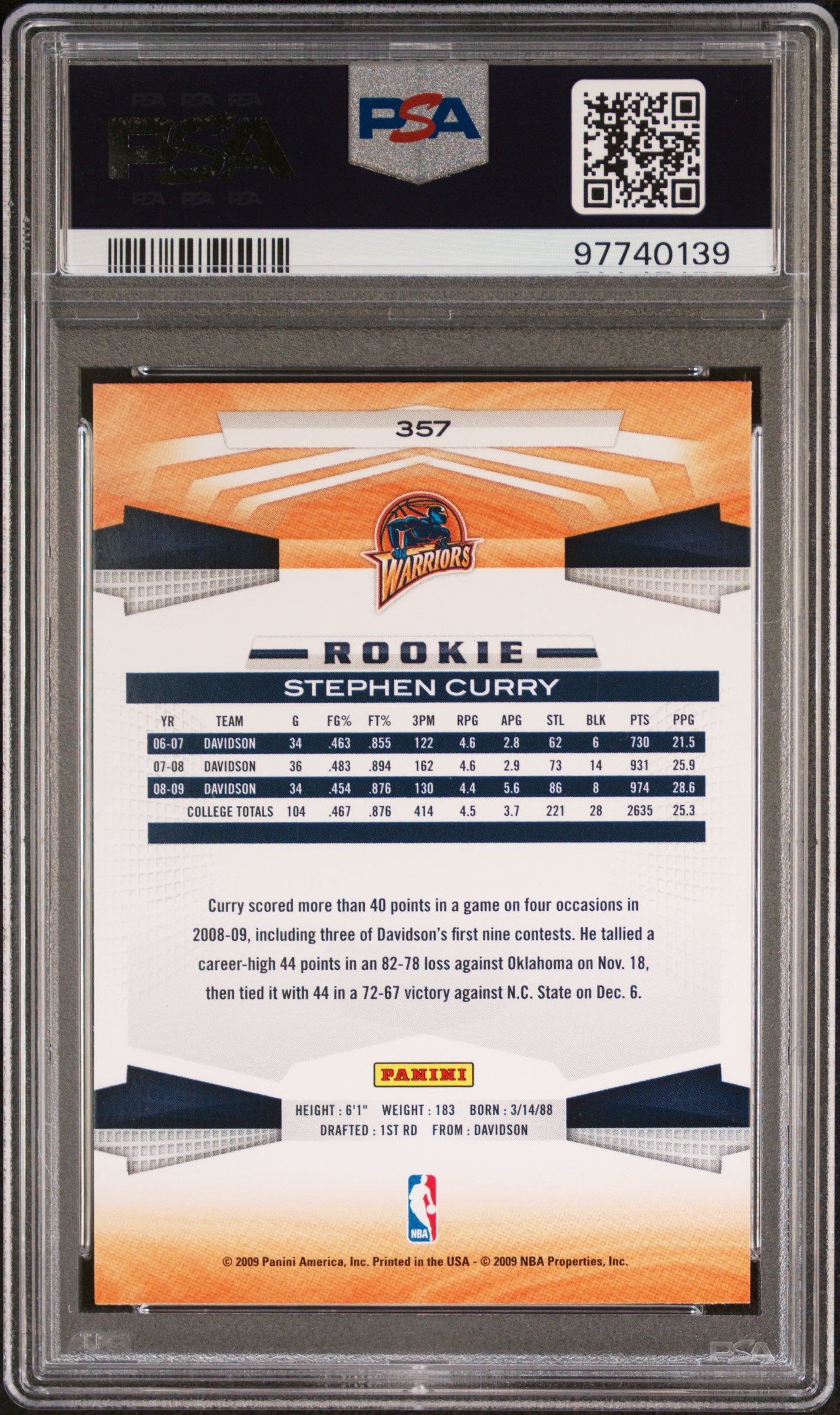 Stephen Curry 2009 Panini Basketball Rookie Card RC #357 Graded PSA 9-Powers Sports Memorabilia