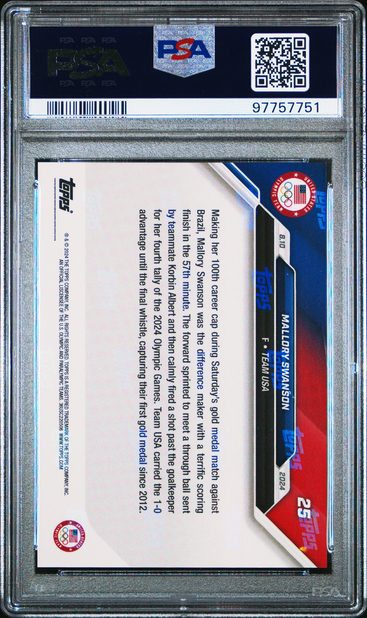 Mallory Swanson 2024 Topps Now Olympics USA Gold Medal Soccer Card #25 Graded PSA 10-Powers Sports Memorabilia