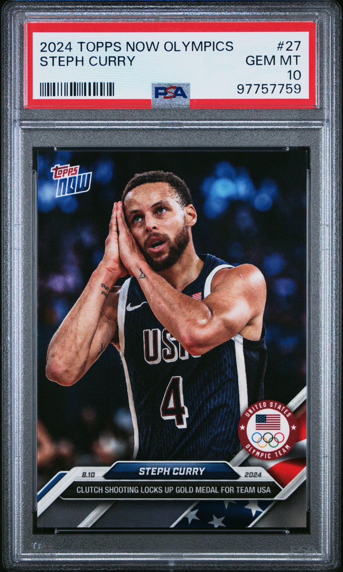 Stephen Curry 2024 Topps Now Olympics USA Gold Medal Night Night Basketball Card #27 Graded PSA 10-Powers Sports Memorabilia