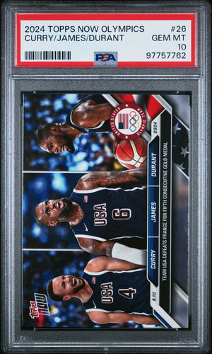 Stephen Curry LeBron James Kevin Durant 2024 Topps Now Olympics USA Gold Medal Basketball Card #26 Graded PSA 10-Powers Sports Memorabilia