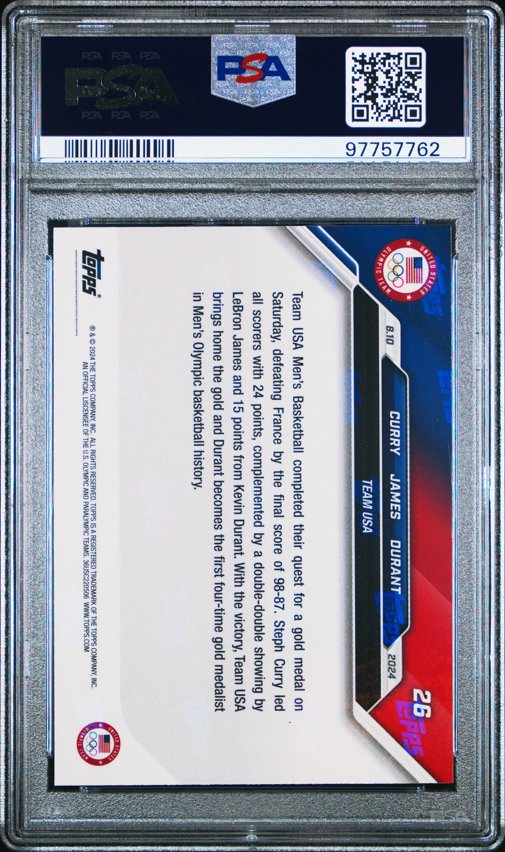 Stephen Curry LeBron James Kevin Durant 2024 Topps Now Olympics USA Gold Medal Basketball Card #26 Graded PSA 10