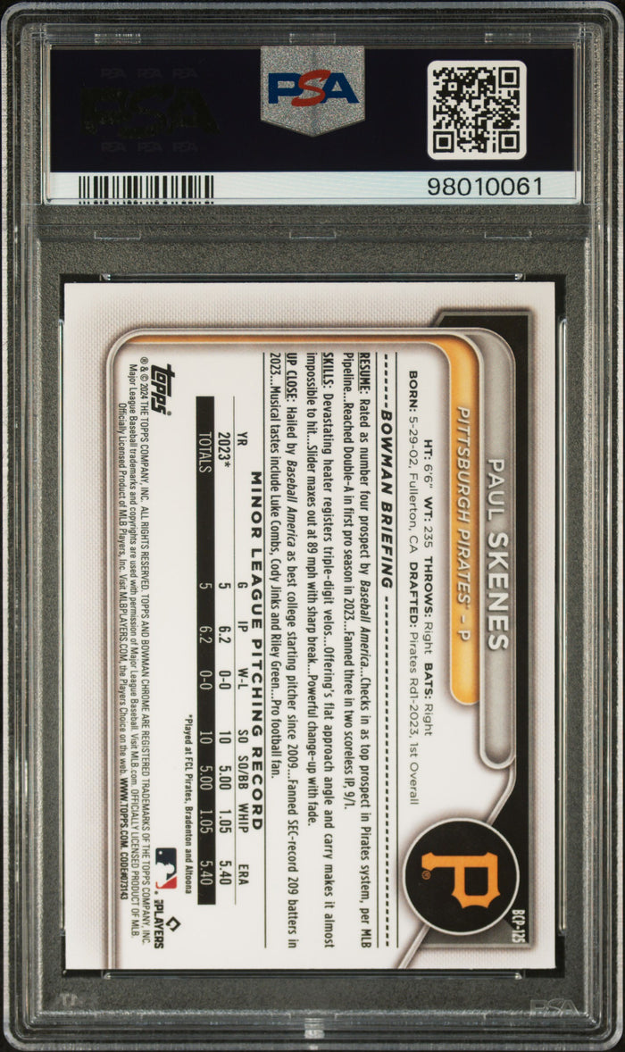 Paul Skenes 2024 Bowman Chrome Prospects Baseball Rookie Card #BCP125 Graded PSA 10-Powers Sports Memorabilia